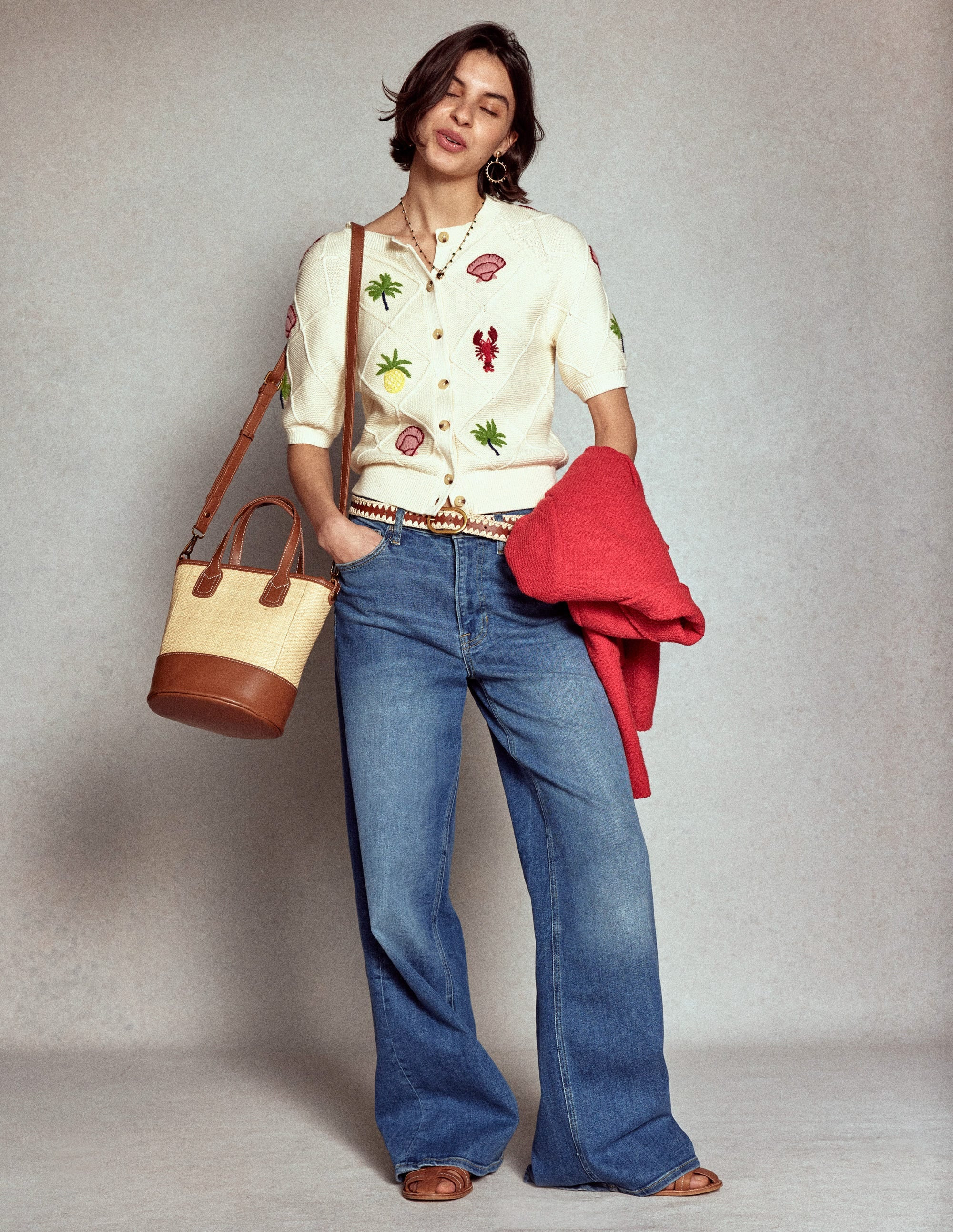 Embroidered T-Shirt Cardigan-Warm Ivory, Tropical Bonanza | Boden UK