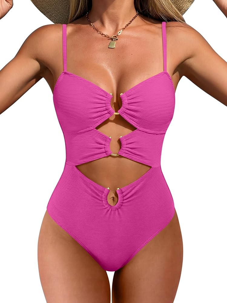 ANRABESS Women One Piece Swimsuits Sexy Cutout Full Coverage Bathing Suit Ring Link Ruched Monoki... | Amazon (US)
