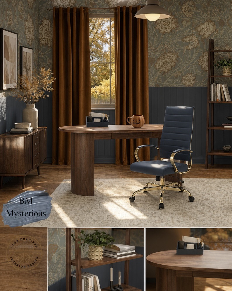 Cosy home office, who says that home office should be boring?! Gorgeous wallpaper, beautiful office chair, affordable desk, vintage rug, mid-century modern shelf, velvet storage ottoman, scalloped curtain. #homedecor #homeoffice 

#LTKFamily #LTKHome #LTKSeasonal