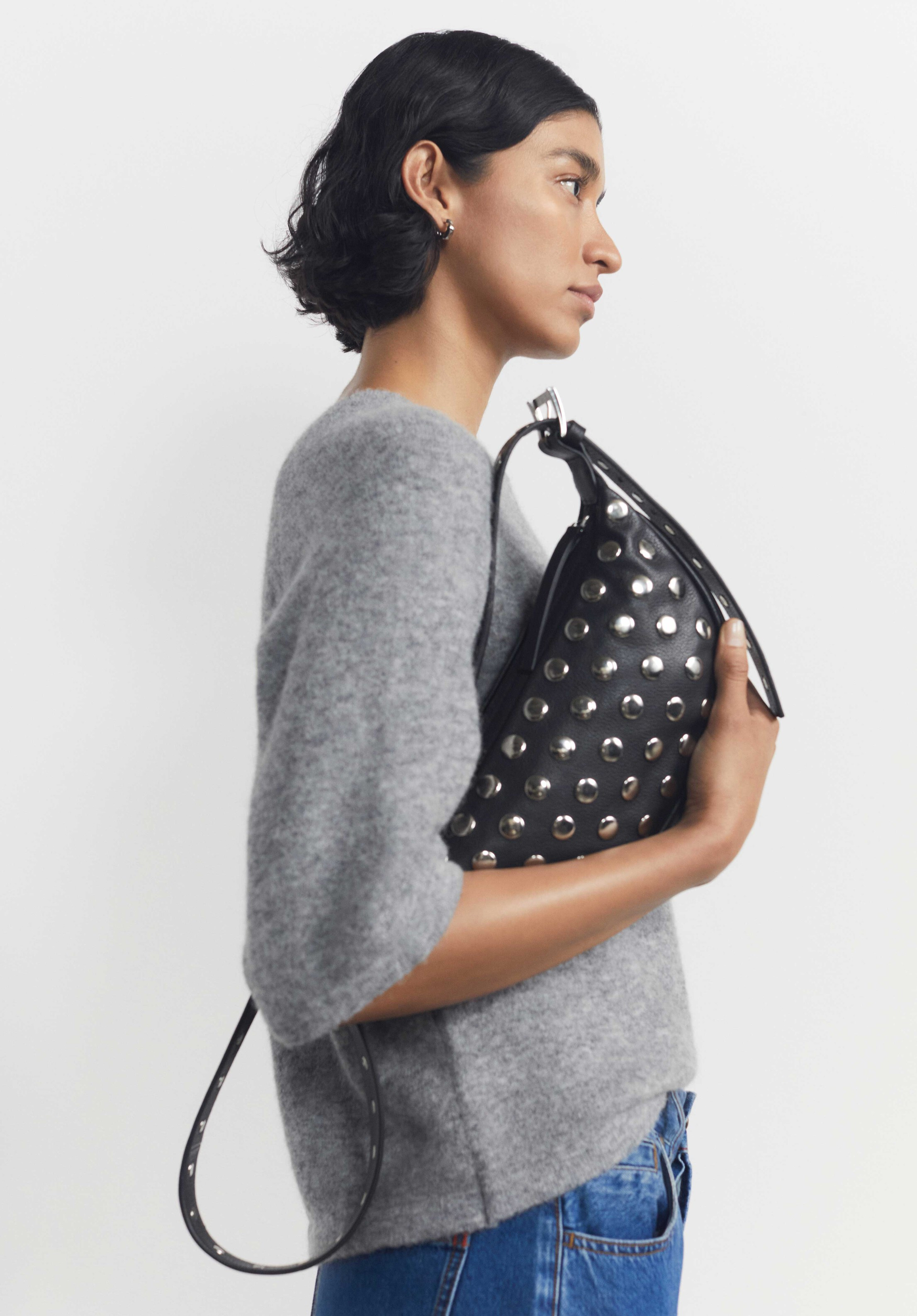 Studded Rory Crescent Leather Crossbody Bag | Hush UK