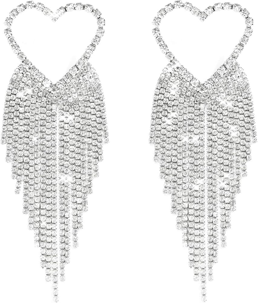 Fashion Silver Heart Rhinestone Dangling Tassel Earrings for Women, Big Long Statement Wedding Br... | Amazon (US)