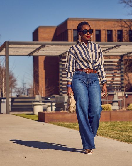 An easy elevated casual outfit with wide-leg jeans and a striped shirt. Weekend Style, Effortless Outfit, Striped Outfit, H&M, Gap Jeans, Levi's

#LTKOver40 #LTKStyleTip #LTKMidsize