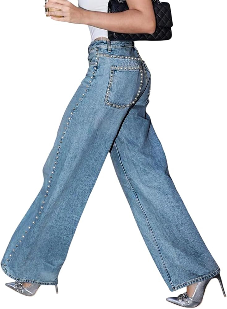 Women's Studded Jeans-Straight Leg Rhinestone High Waisted Pearl Boyfriend Denim Baggy Trousers S... | Amazon (US)