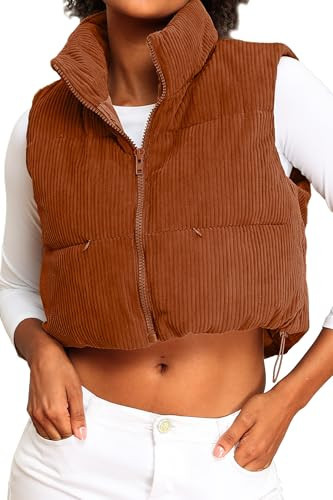 ELLEVEN Corduroy Cropped Puffer Vest for Women High Stand Collar Puffer Vest Women Warm Lightweight Vests Outerwear whit Pockets Brown X-Small | Amazon (US)