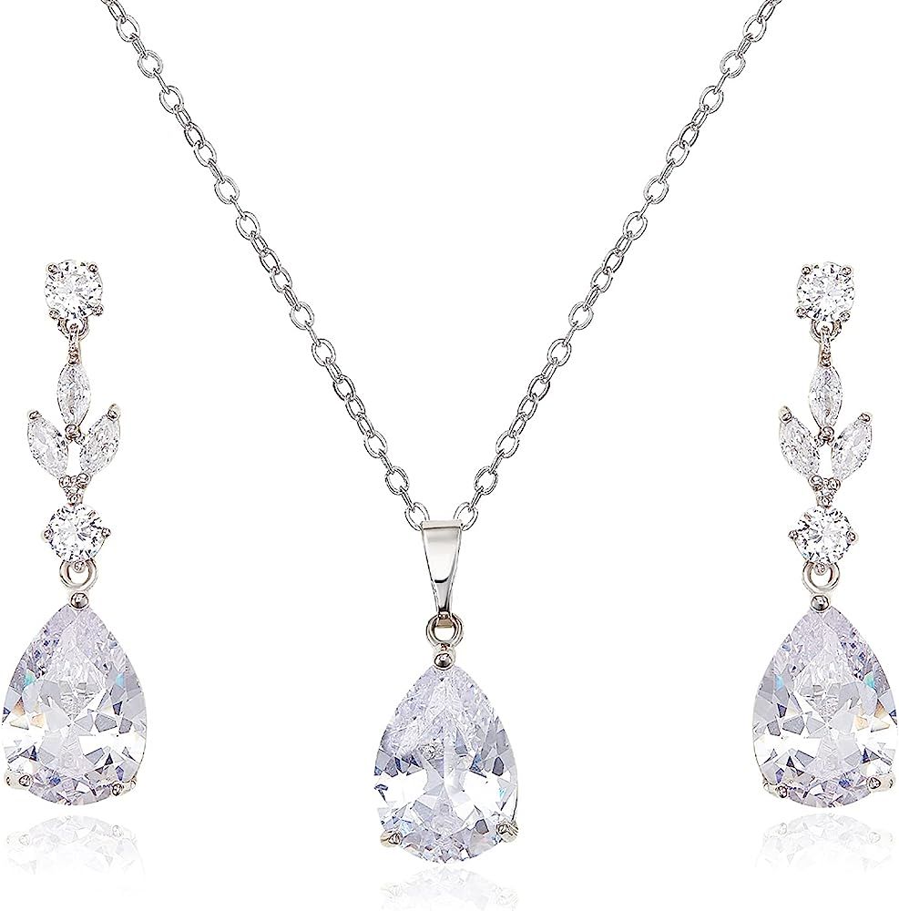 SWEETV Teardrop Wedding Jewelry Sets for Women Brides Bridesmaids, Crystal Bridal Necklace Drop E... | Amazon (US)