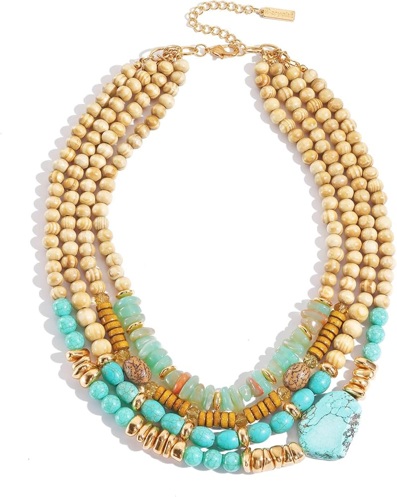 Boho Turquoise Beaded Necklaces for Women - Multi Layer Statement Handmade Bohemian Fashion Gift | Amazon (US)