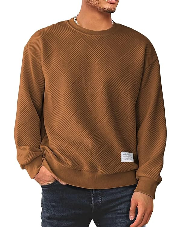 Men's Crewneck Sweatshirts Soild Color Geometric Texture Long Sleeve Casual Pullover Shirt | Amazon (US)