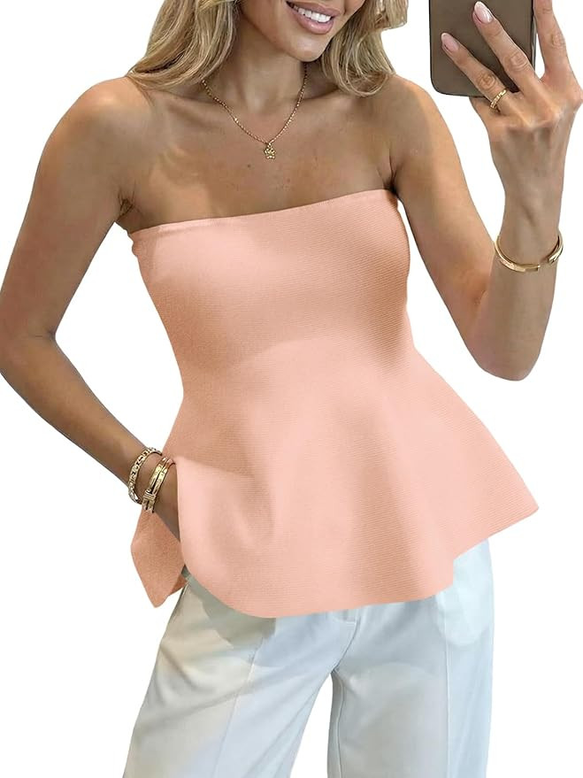 Saodimallsu Womens Peplum Tube Tops Sleeveless Strapless Bandeau Tank Top 2026 Summer Cute Ruffle... | Amazon (US)
