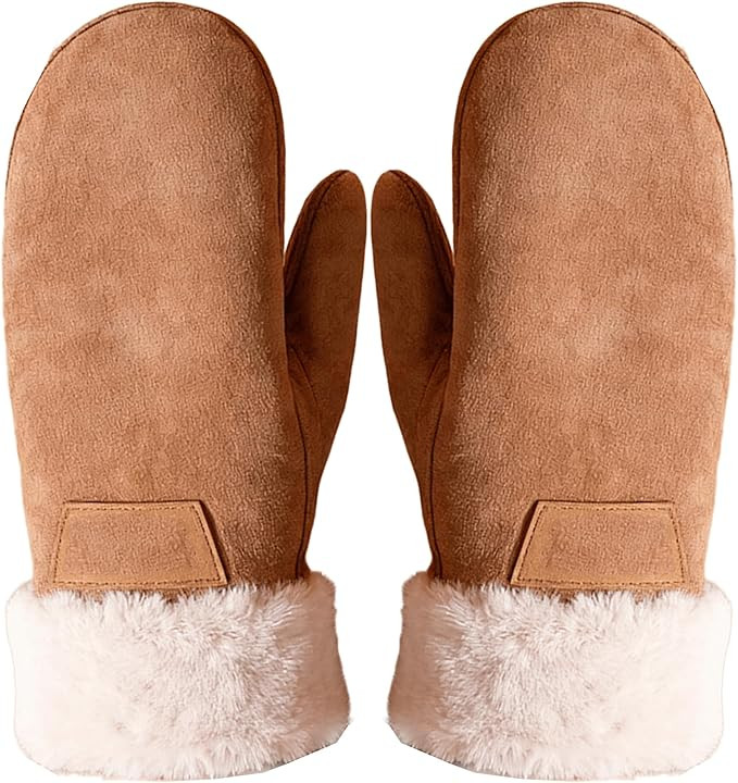 Women Faux Suede Leather Mittens Winter Warm Cold Weather Girl Gloves Fuzzy Cuffed Thicken Fleece... | Amazon (US)