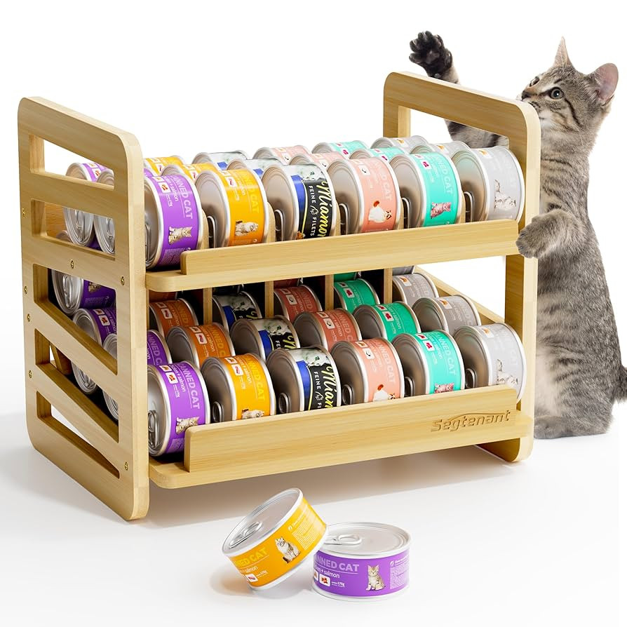 Rolling Bamboo Cat Food Can Organizer, 2-Layer Wet Cat Food Storage Container Holds 42 (3oz) Cans... | Amazon (US)