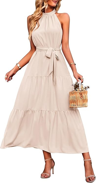 PRETTYGARDEN Women's Summer Floral Maxi Sun Dress Sleeveless Halter Neck Flowy Ruffle Hem Long Bo... | Amazon (US)