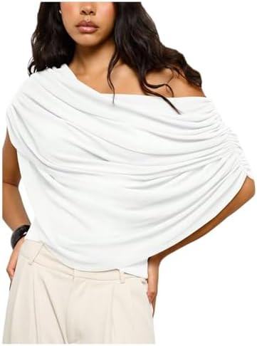 Milumia Women's Off The Shoulder Ruched Mesh Top Draped Asymmetrical Short Sleeve T Shirts | Amazon (US)