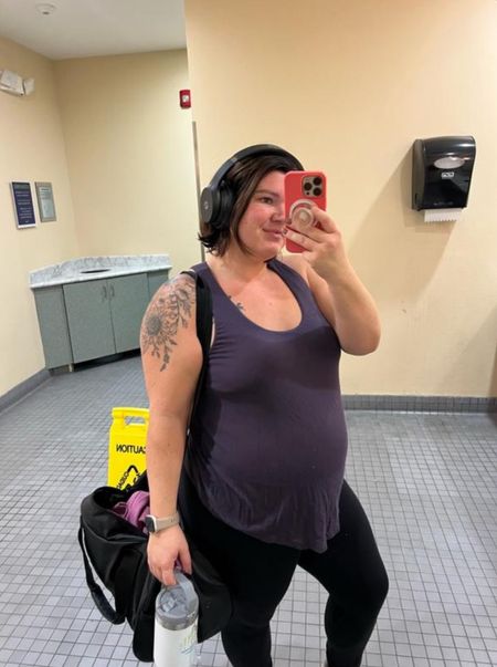 Working out pregnant! Wearing this long flowy tank with built in bra from Soma (size large) and my lululemon align leggings which have done great this whole pregnancy (size 10)

#LTKbump #LTKfitness #LTKmidsize