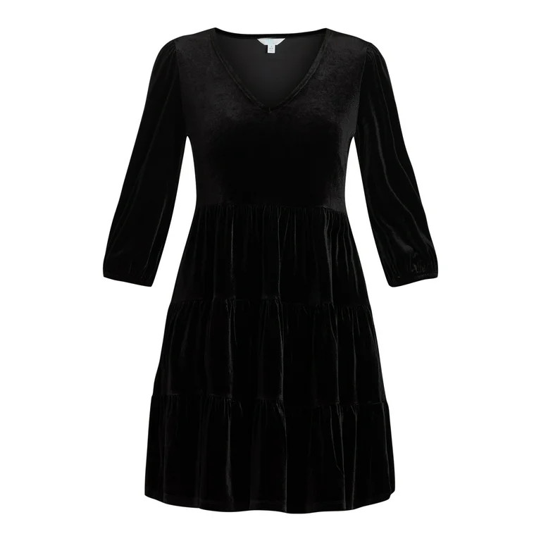 Time and Tru Women's and Women's Plus Velvet Mini Dress with ¾ Length Sleeves, Sizes XS-4X - Wal... | Walmart (US)