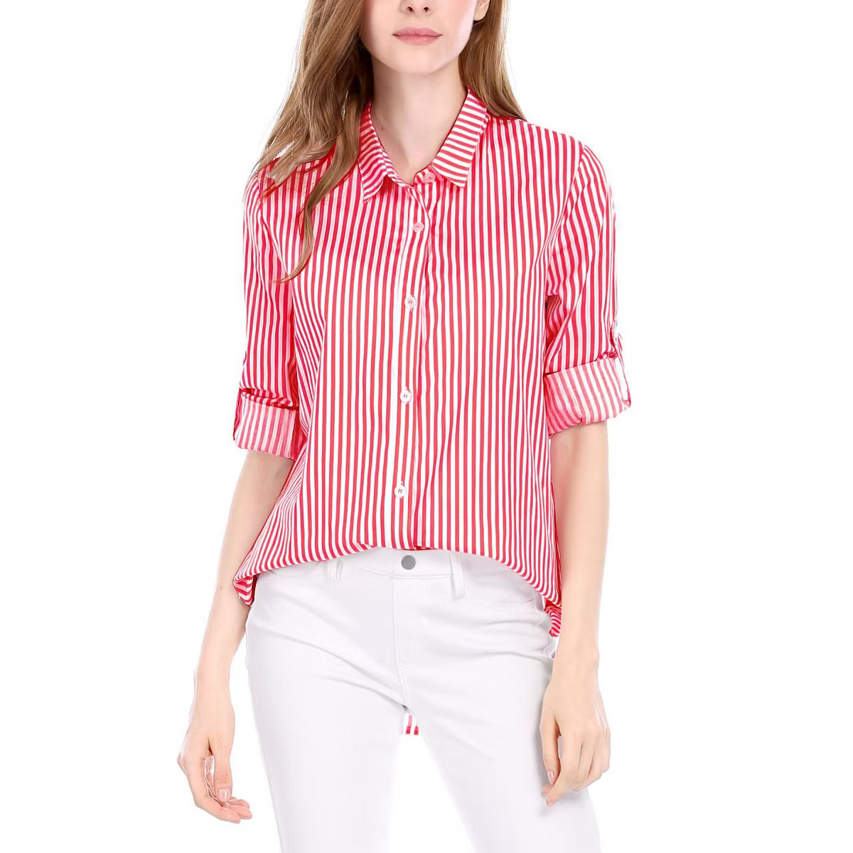 INSPIRE CHIC Women's Striped Button Down Roll-up Long Sleeves Point Collar Shirt | Target