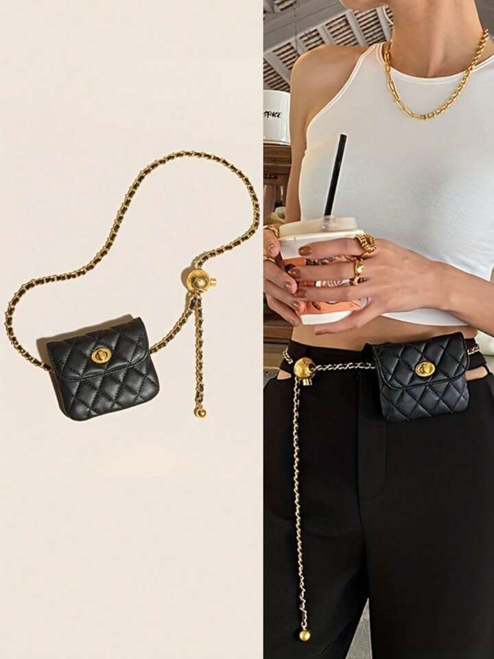 1pc Women's Mini Crossbody Bag With Chain Strap, Waist / Belt Bag In French Diamond Style | SHEIN