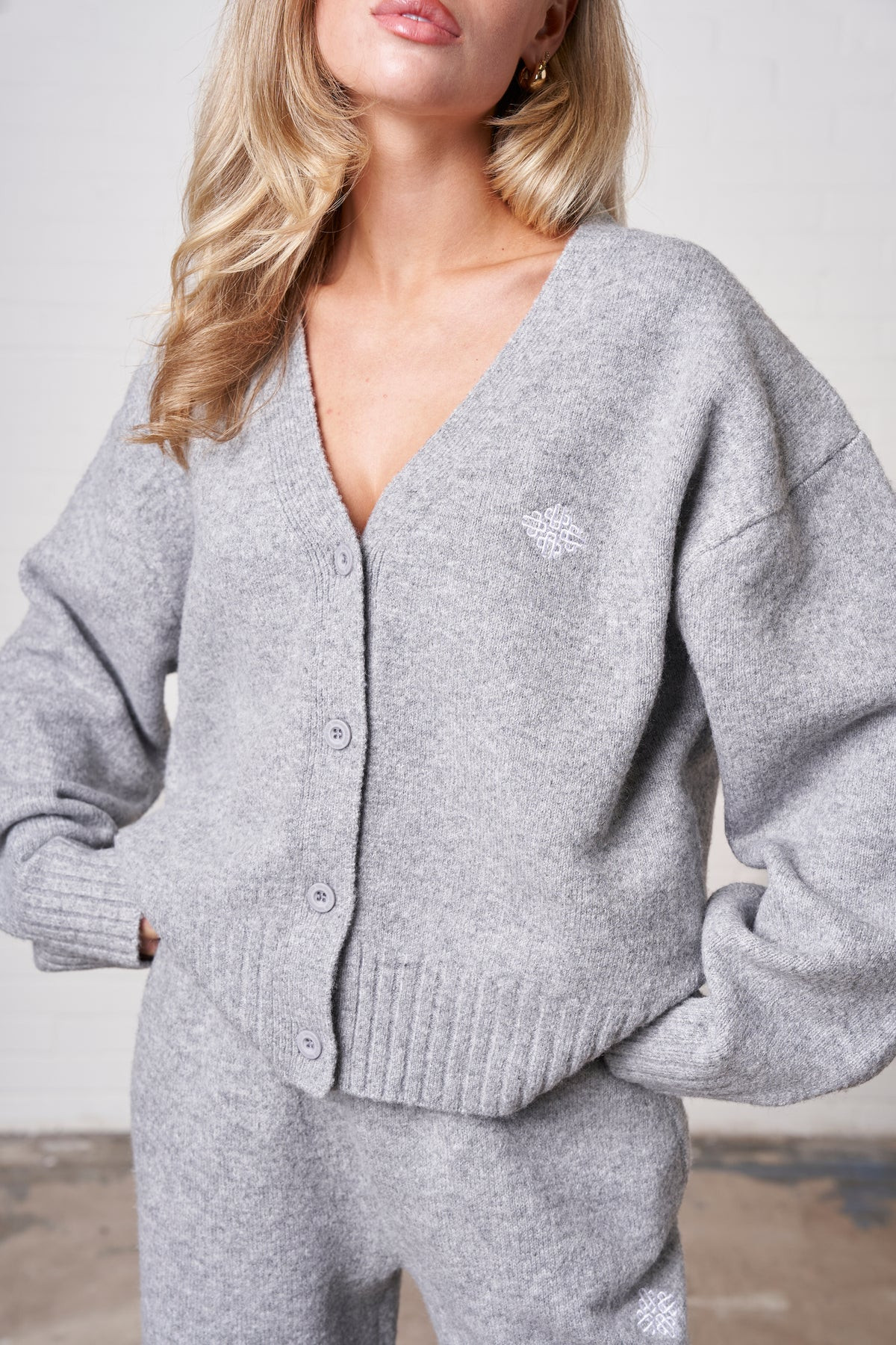FLUFFY KNIT EMBLEM EMBROIDERED CARDIGAN - GREY MARL | The Couture Club