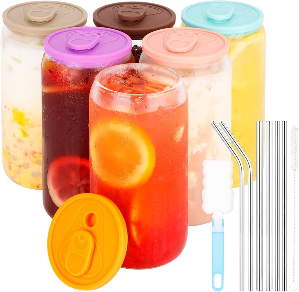 HuaQi Glass Cups with Lids and Straws 6pcs Set, Beer Glasses with Silicone Lids and Metal Straw,1... | Amazon (US)