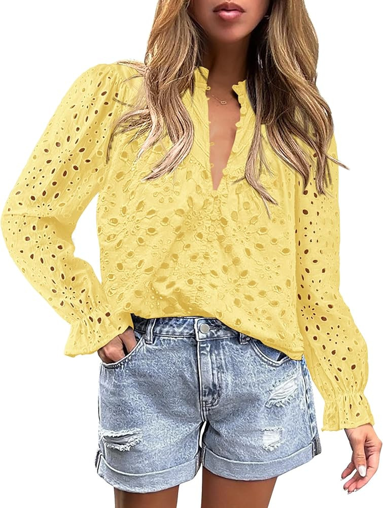 PRETTYGARDEN Women's Dressy Casual Blouse Tops Fall Spring Puff Long Sleeve Button V Neck Hollow ... | Amazon (US)