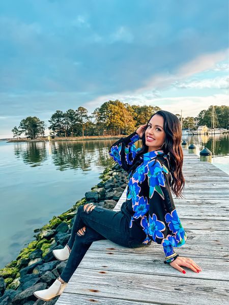 Under $30 amazon blue floral button front shirt (small, multiple prints), $25 target distressed black jeans (2, tts), amazon white pointed toe booties— the perfect look for transitioning to spring! #founditonamazon 

#LTKunder50 #LTKSeasonal #LTKshoecrush