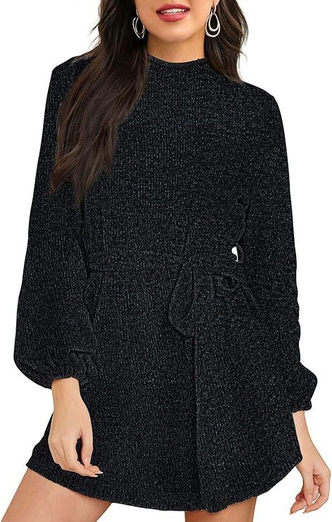 HAPCOPE Women's Mock Neck Lantern Long Sleeve Chenille Sweater Dress with Belt | Amazon (US)