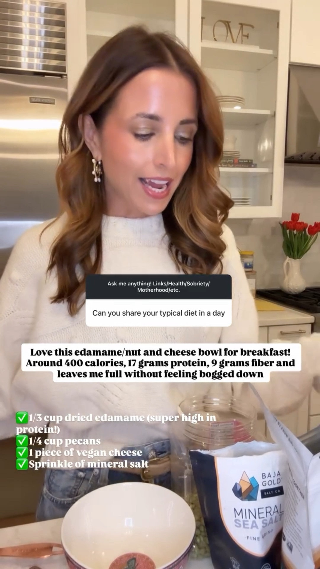 Love this edamame/nut and cheese bowl for breakfast! Around 400 calories, 17 grams protein, 9 grams fiber and leaves me full without feeling bogged down ✅1/3 cup dried edamame (super high in protein!)
✅1/4 cup pecans
✅1 piece of vegan cheese
✅Sprinkle of mineral salt

*XXS in target sweater. XS in quince belt. Size 23 in sweatpant jeans - you have to size down in these!

#LTKmorningroutine #LTKootd #LTKselfcare