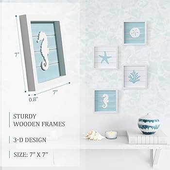 TideAndTales Ocean Beach Themed Room Decor (Framed Set of 4) Coastal 3D Wall Art with Starfish, S... | Amazon (US)