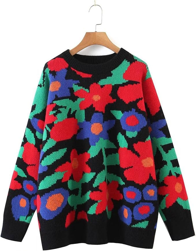 Women's Bohemian Floral Knitted Sweater Pullover Vintage O-Neck Thick Warm Sweaters Loose Long Sleev | Amazon (US)