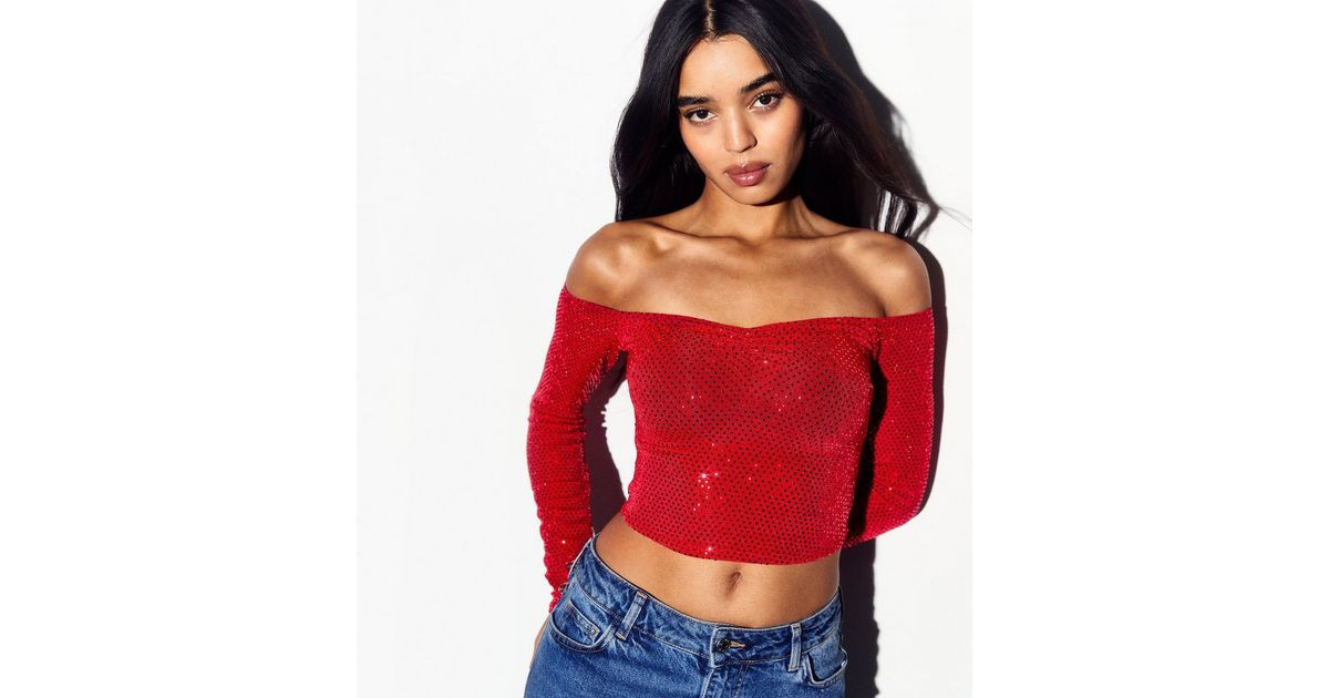 Red Sequin Bardot Long Sleeve Crop Top 
						
						Add to Saved Items
						Remove from Saved I... | New Look (UK)