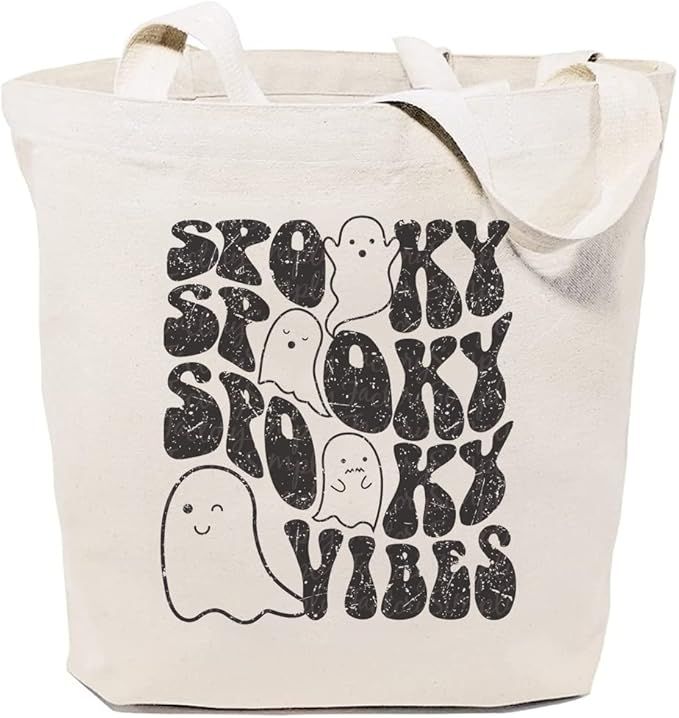 Spooky Vibes Canvas Tote Bag for Women Aesthetic Retro Ghost Halloween Reusable Grocery Shopping ... | Amazon (US)