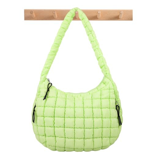 Quilted Puffer Tote Bag Crossbody Shoulder Bag with Zipper, Nylon Puffy Hobo Bags Travel Top Handle Handbag for Women Girls, Oversized Padding Quilted Bags Soft Carryall Bag (LightGreen, Large) | Amazon (US)