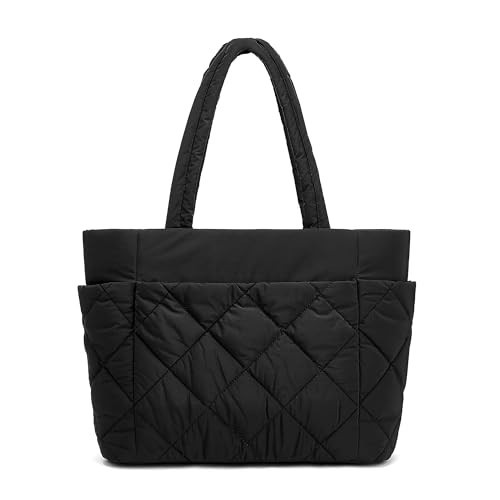 CORALDAISY Puffer Tote Bag for Women, Lightweight Travel Puffy Tote Handbag Shoulder Bag with Zipper, Quilted Nurse Bag with Compartment for Work College, Black | Amazon (US)