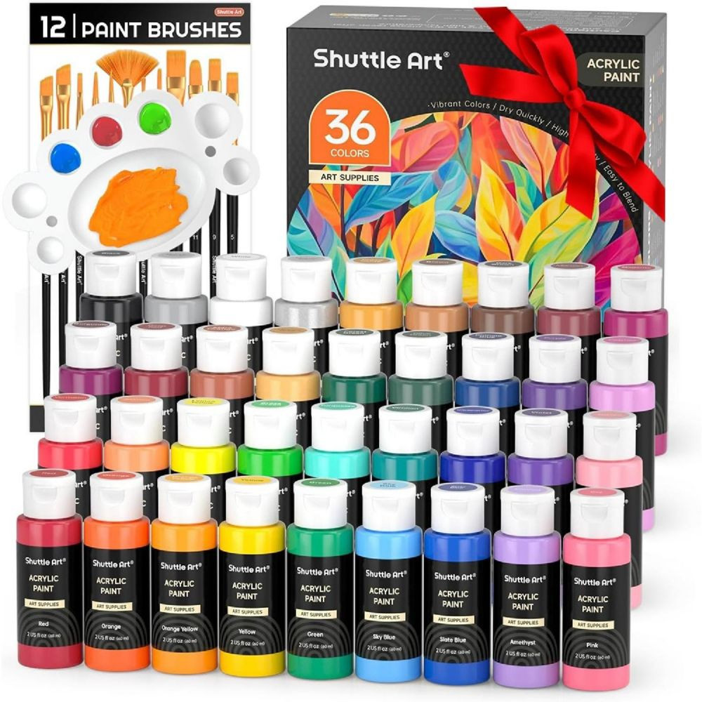 Acrylic Paint Set, 36 Colors Acrylic Paint with Brushes & Palette, 2oz Bottles, Rich Pigments | Oriental Trading Company