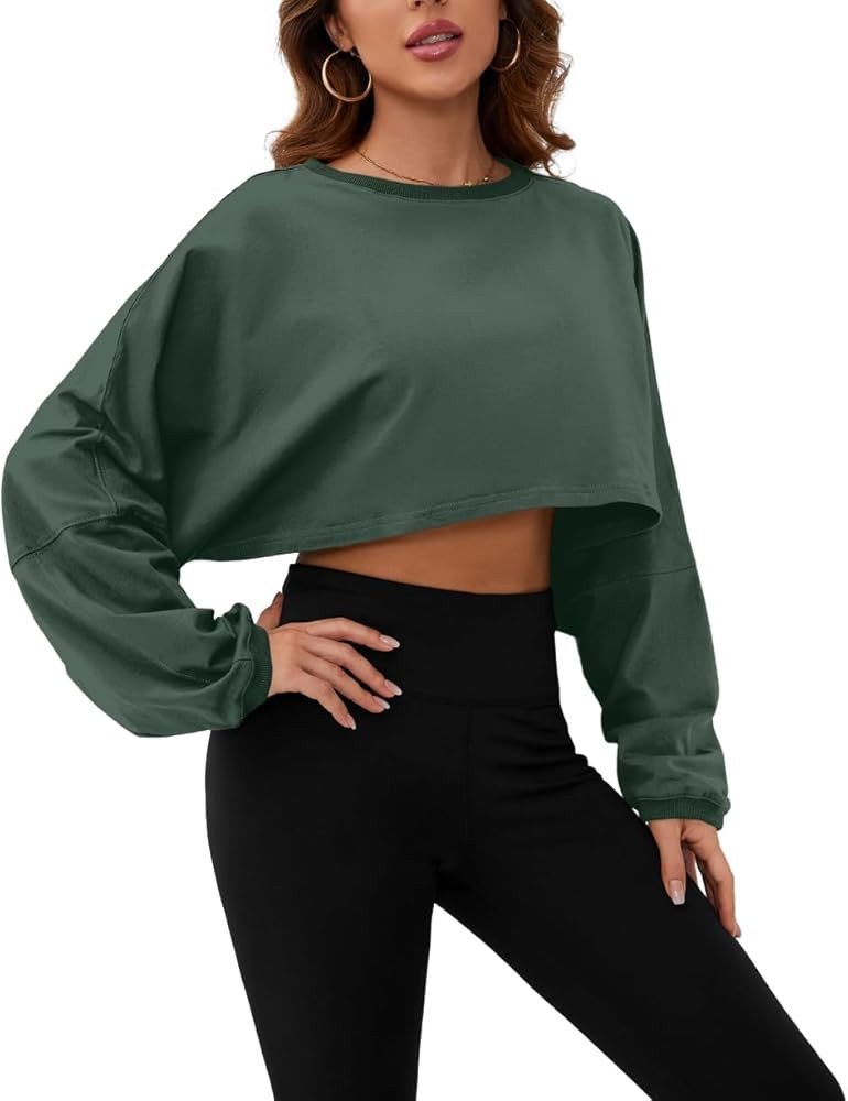 Meladyan Women Long Sleeve Crewneck Crop Top Tee Shirt Sweatshirt Casual Solid Loose Fit Workout ... | Amazon (US)
