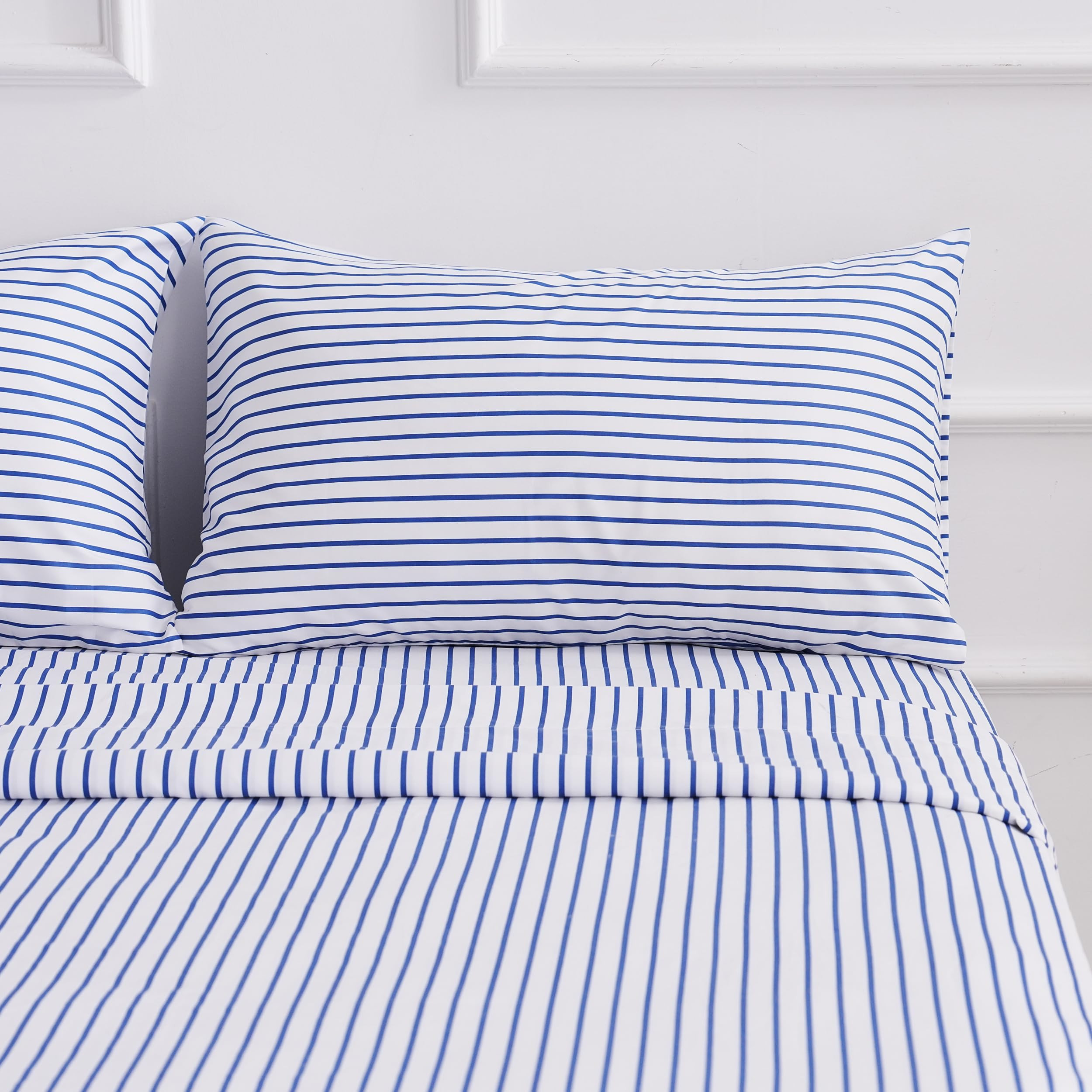 Queen Blue Striped Bed Sheet Set 4 Piece with 16-Inch Deep Pockets- Super Soft & Wrinkle Free Str... | Amazon (US)