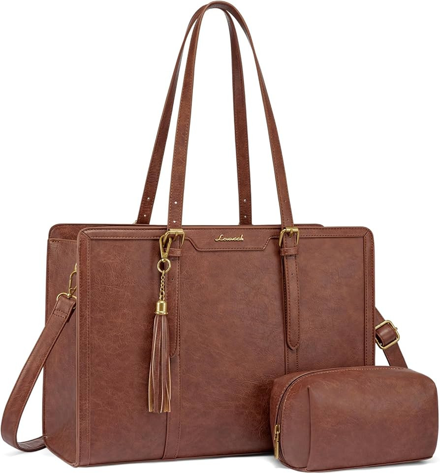 LOVEVOOK Laptop Bag for Women Vintage Leather Laptop Tote 17.3 inch Large Capacity Computer bag w... | Amazon (US)
