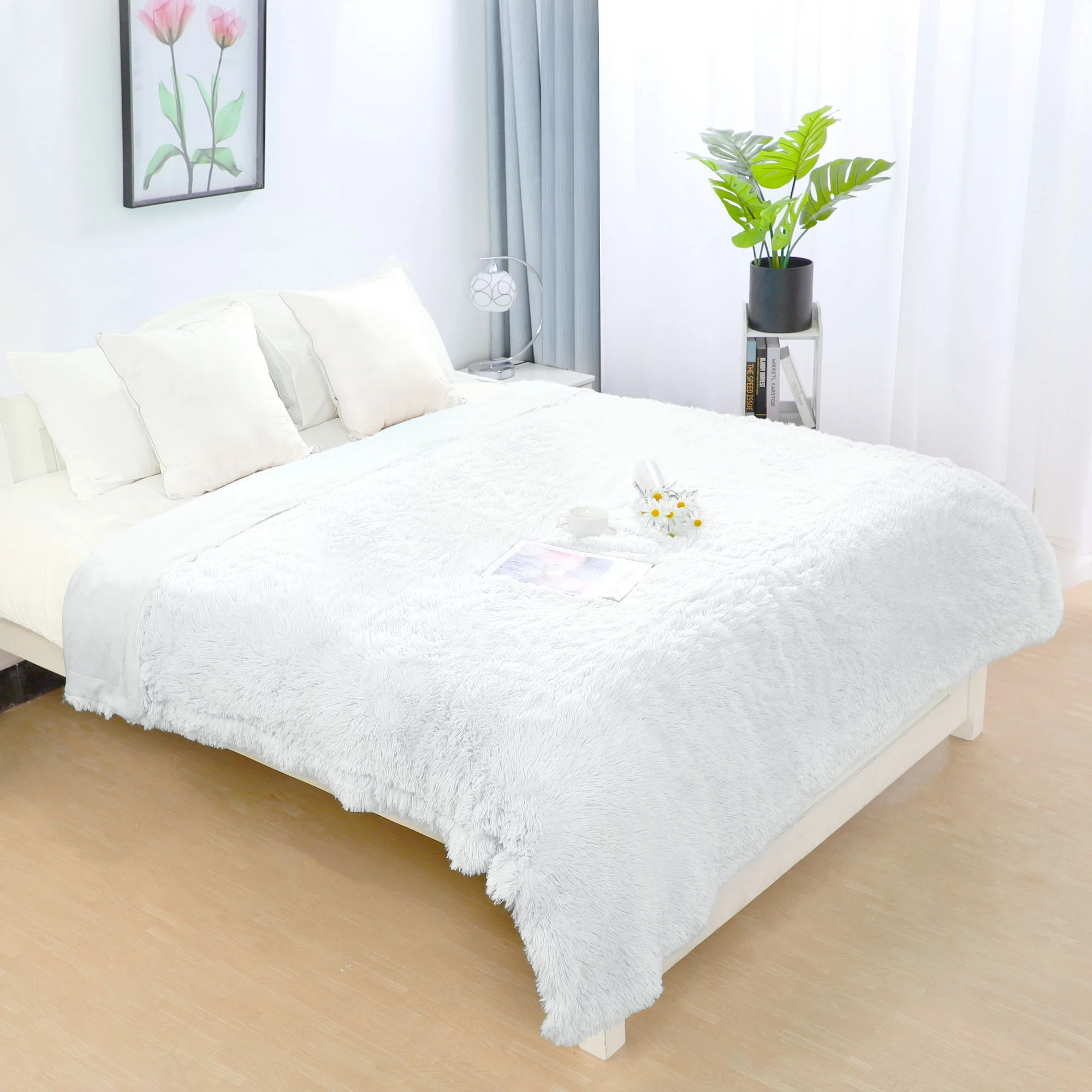 Reversible Lightweight Soft Long Shaggy Faux Fur White Blanket Queen Size | Walmart (US)