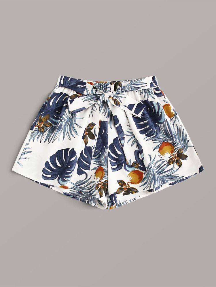 Tropical Print Tie Front Shorts | SHEIN