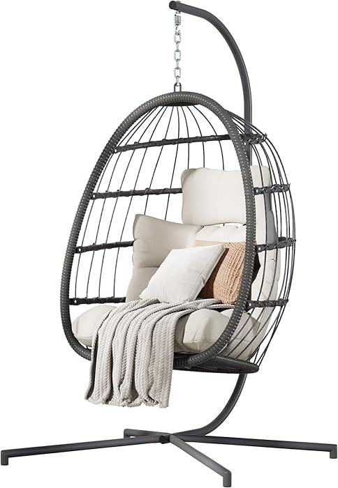 HWB Hanging Egg Chair with Stand, Patio Wicker Hammock Egg Swing Chair with Cushion for Bedroom G... | Amazon (US)