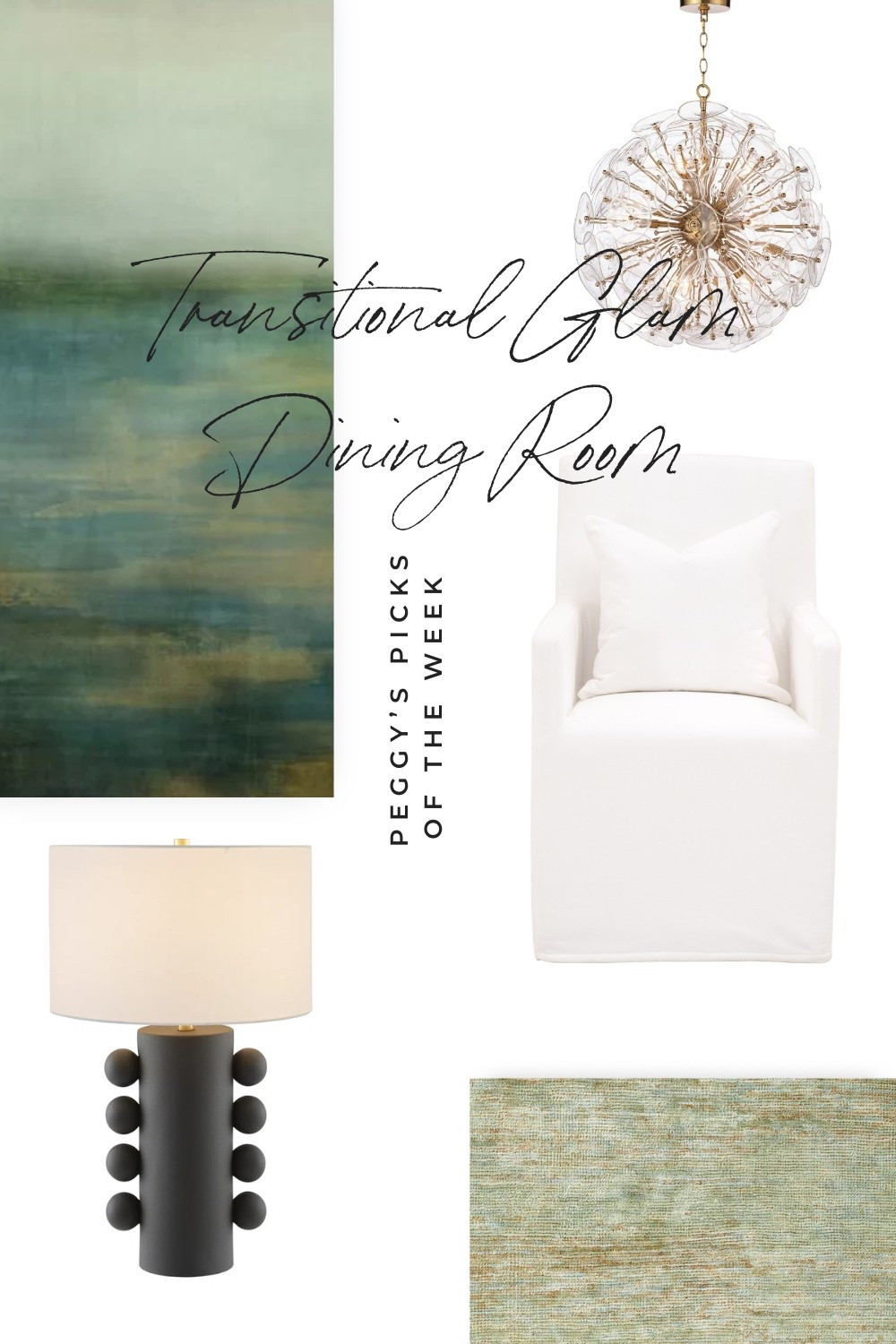| Use code PEGGYH15 for 15% off any full price items at Scout & Nimble | This week’s Peggy’s Picks brings you a dining room that blends contemporary lines, glam accents, and soft, inviting textures. Think statement lighting, luxe neutrals, and that perfect hint of drama. 

This look is all about balance—a mix of modern simplicity and timeless elegance. The star of the show? That sculptural chandelier paired with a moody abstract artwork for a refined, artistic touch. 

Head to the blog to see all of this week’s picks for this transitional glam dining room!

#LTKHome