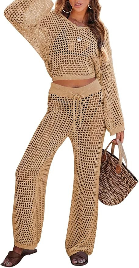 Pink Queen Women's Swimsuit Cover Up Set 2 Piece Crochet Long Sleeve Crop Top Wide Leg Pants Beac... | Amazon (US)