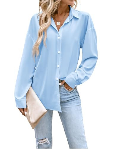Yekaty Women Blue Button Up Shirt Long Sleeve Blue Button Down Shirt Blue Blouse | Amazon (US)