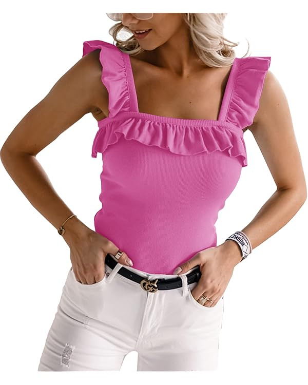 Womens Cute Sleeveless Tank Tops Ruffle Strap Square Neck Blouse Solid Color Knitted Camisole | Amazon (US)