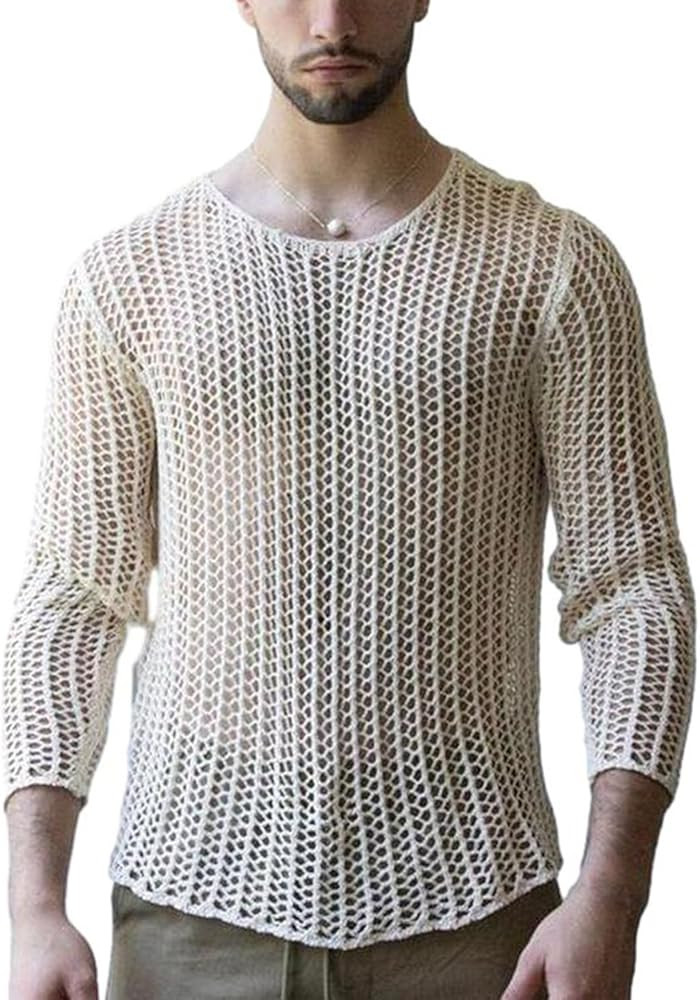 Evankin Men's T-Shirt Hollow Out Mesh Long Sleeve Tops See Through Underwear Knitted Sweater Loos... | Amazon (US)