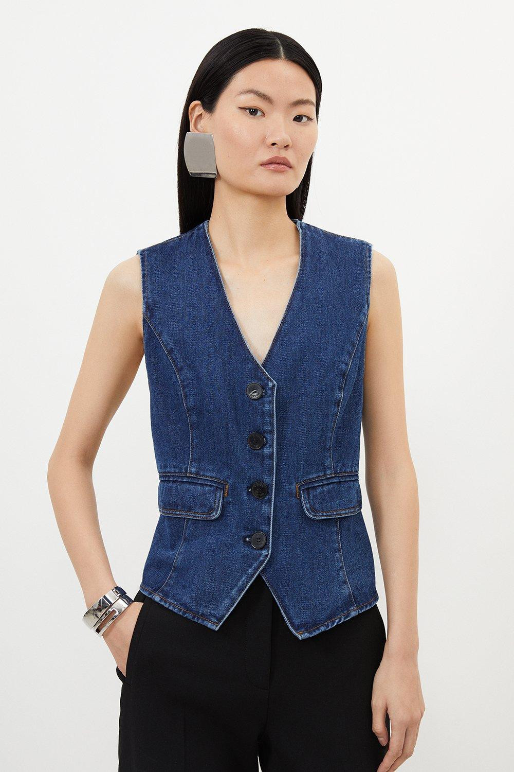 Denim Contrast Stitch Detail Button Through Vest | Karen Millen US