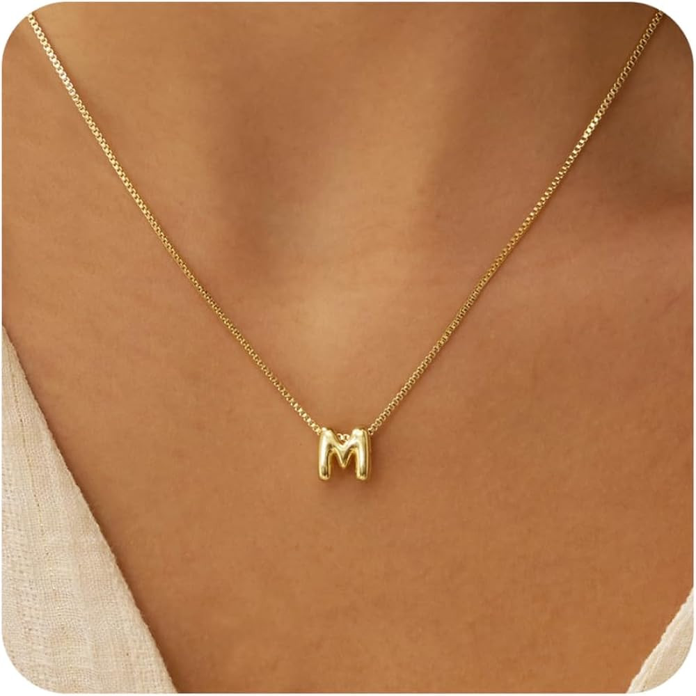 Bubble Gold Letter Necklace for Women, 14k Gold Plated Balloon Initial Necklace, Dainty Gold Neck... | Amazon (US)