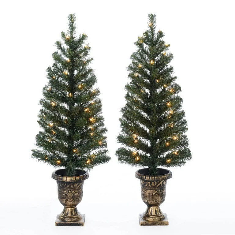 3.5 ft Pre-Lit Porch Artificial Christmas Trees with Warm White Lights and Stands, 2 Count, by Ho... | Walmart (US)
