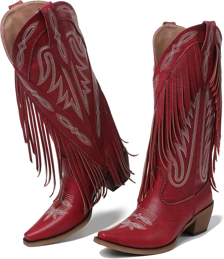 Cowgirl Boots for Women Retro Pointed Toe Pull On Block Chunky Heel Embroide Tassel Country Conce... | Amazon (US)