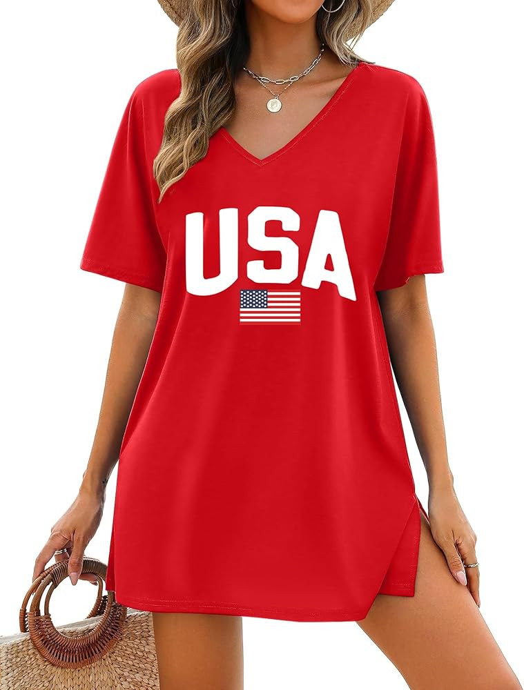 SUWATOIN USA Shirts for Women 4th of July American Flag Dresses Patriotic USA Flag Tees V Neck Be... | Amazon (US)