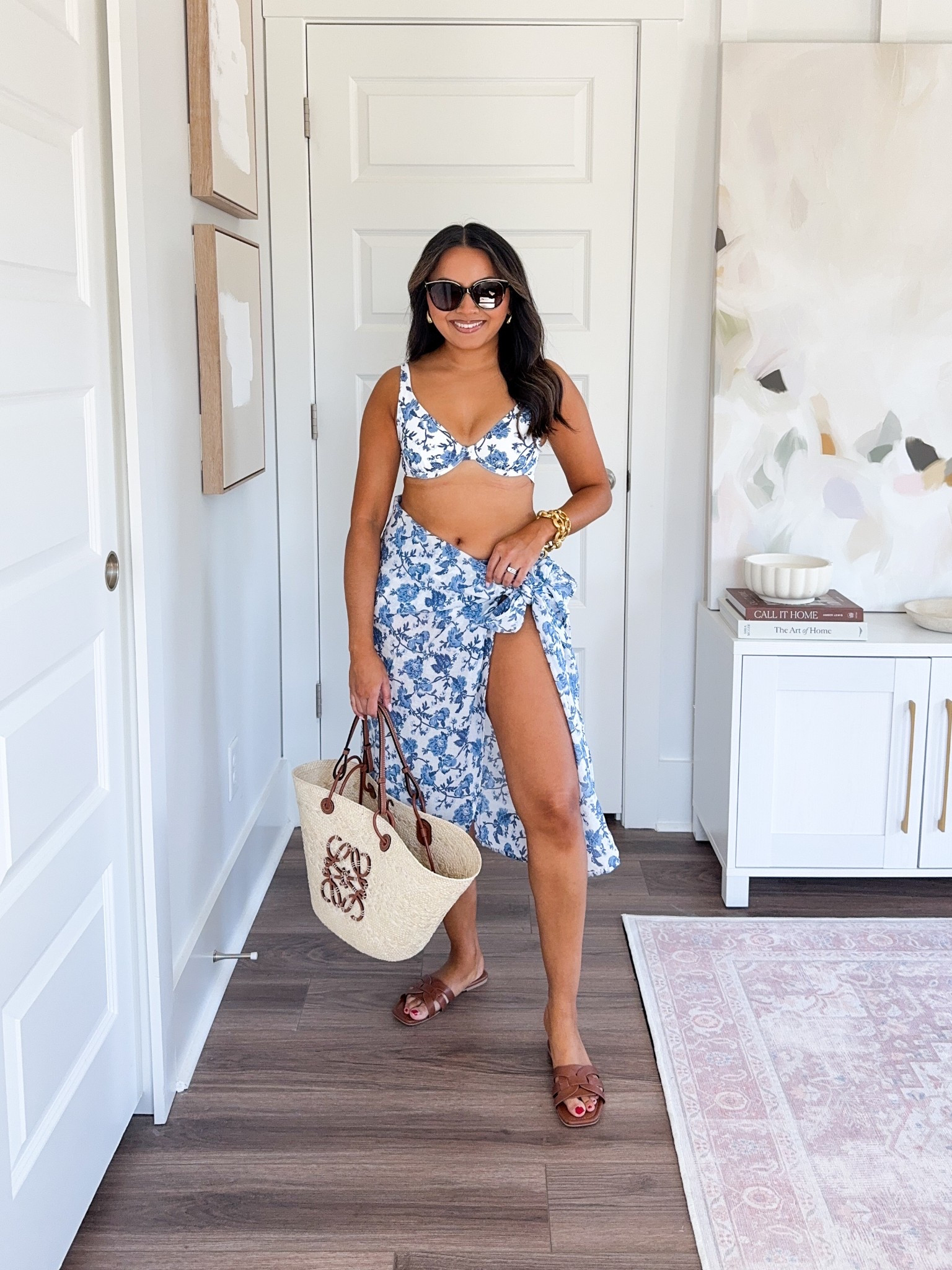 Blue floral swimsuit top size xs TTS
Blue floral swimsuit bottom size small TTS
Blue floral tie waist sarong coverup size xxs/xs TTS
Brown sandals - old, similar linked xs


#LTKPetite #LTKSwim #LTKSpringSale